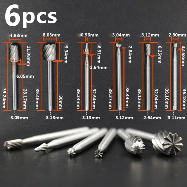 6pcs Dremel Rotary Tools Mini Drill Bit Set Cutting HSS Routing Router Grinding Bits Milling Cutters for Wood Carving Tool