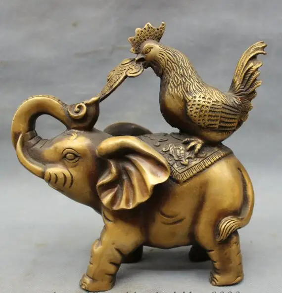 

S6729 8" Folk Chinese Bronze RuYi Cock Rooster On Elephant Statue Animals Figurine D0318