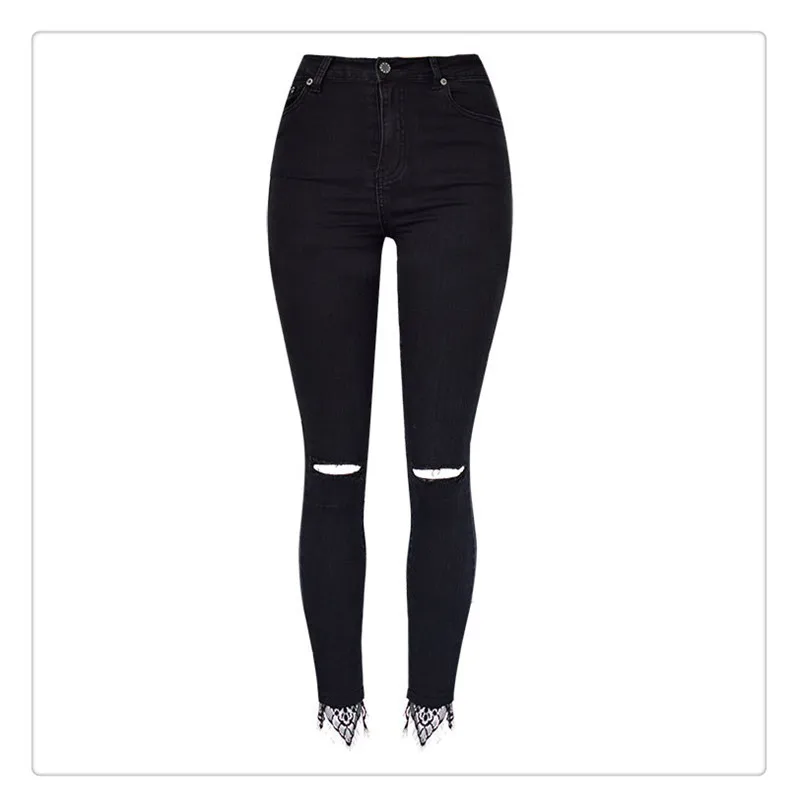 European and American women's wear high waist slender body elastic wash knees broken holes jeans nine trouser leg stitching lace super popular (7)