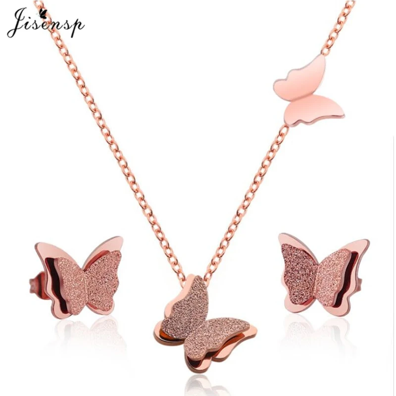 

Jisensp Gold Matte Butterfly Stud Earrings Necklace Jewelry Sets for Girls Children Stainless Steel Jewelry Kids Gift Wholesale