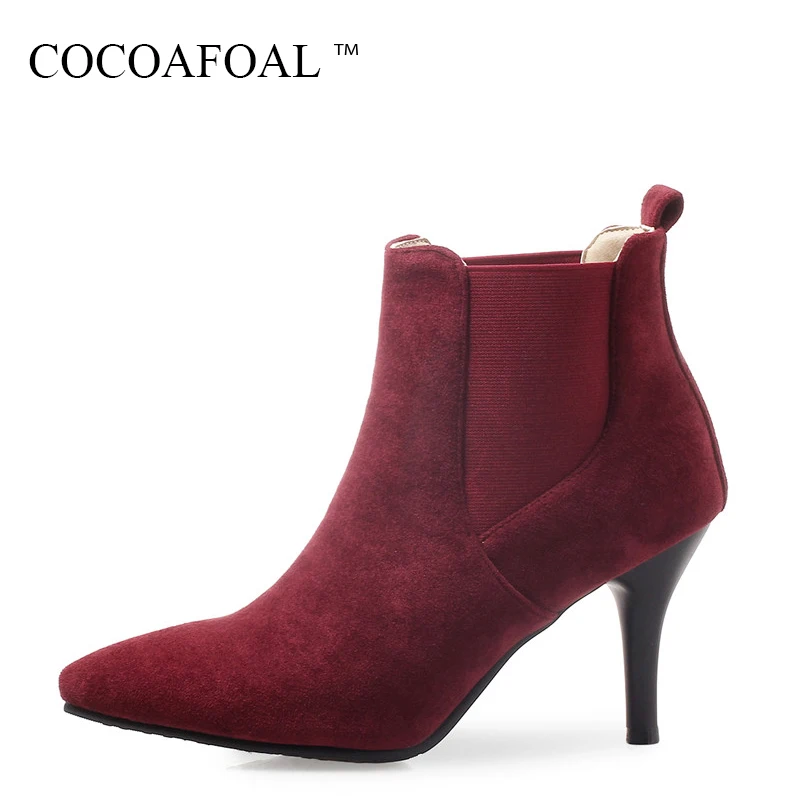 

COCOAFOAL Woman Fashion Sexy High Heeled Shoes Winter Red Chelsea Ankle Boots Plus Size 33 43 44 Black Pointed Toe Martin Boots