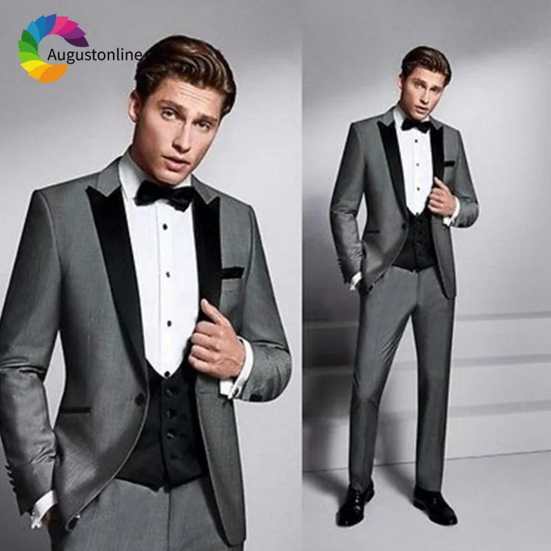 Grey Men Suits For Wedding Black Peaked Lapel Evening Party Custom Tuxedo Slim Fit Best Man Groom Prom Blazer Jacket+Pants+Vest