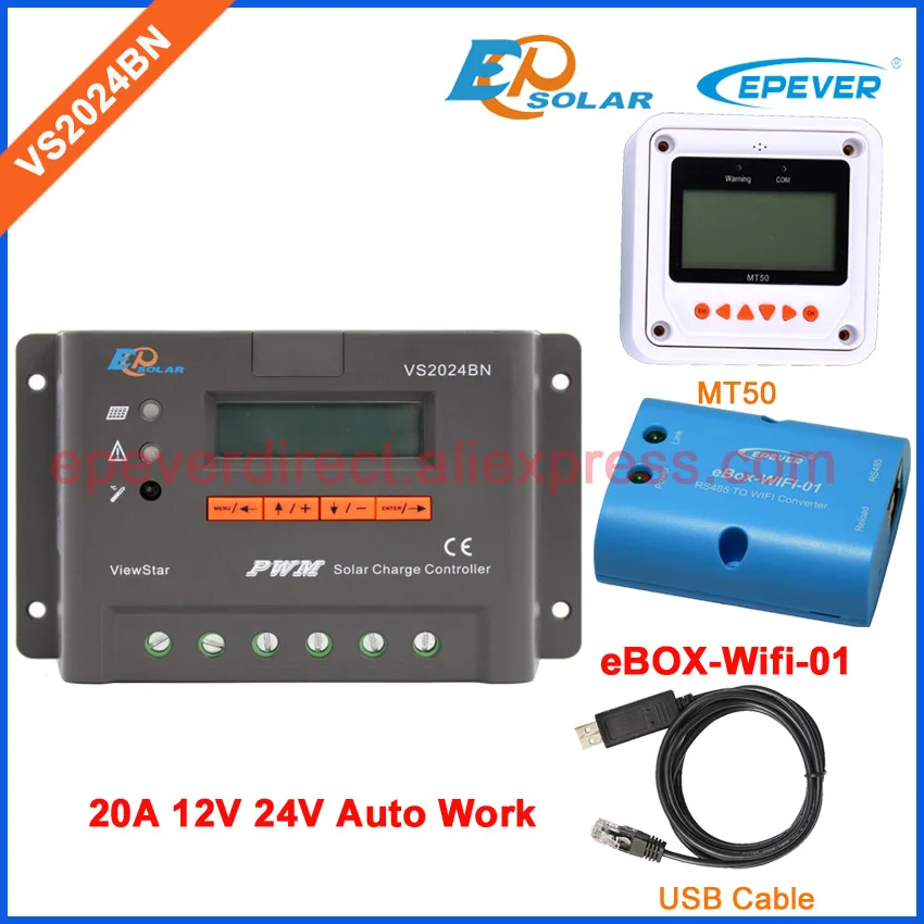

24v PWM EPSolar EPEVER portable solar battery charger controller wifi BOX USB communication cable and meter MT50 VS2024BN 20A