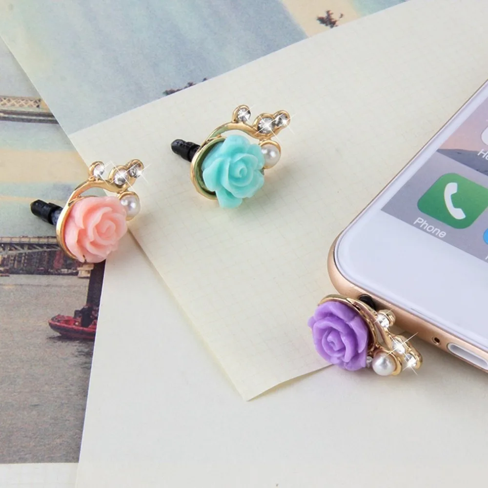 ONLENY Universal Rose Flower Anti Dust Plug For 3.5mm Mobile Phone Accessories Headphone 3D Crystal Bead Pear For iPhone 5 5s 6