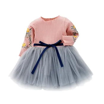 

Embroidery Flowers Baby Girl Dress Autumn Long Sleeve Flower Bow Kids Dresses New Girls Mesh Princess Wedding Dresses
