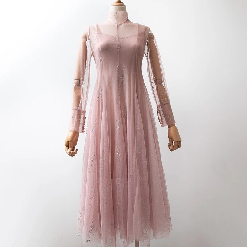 

2019 Women Spring Summer Long Sleeve Sequined Ruffles Dress Vintage Slim High Waist Pleated Mesh Gauze Voile Pullover Cake Dress