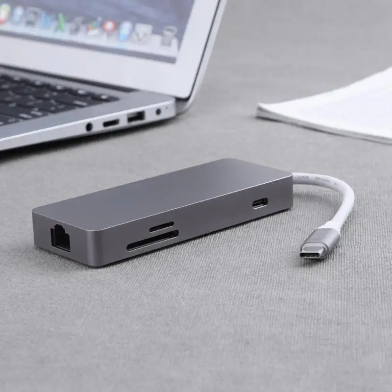 Новый Silver Grey 7 в 1 Тип-C к HDMI + USB3.0 + USB2.0 + TF + сетевой адаптер концентратора Размеры 108*42,5*15,3 мм для ноутбука MacBook