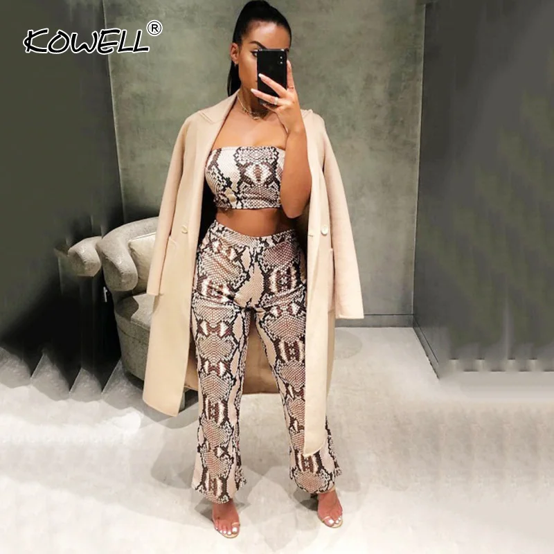 

New Style Snake Print Sexy Crop Top Women Pants Two Pieces Set High Waist Long Pants 2018 Autumn Elastic Casual Fitness Overalls