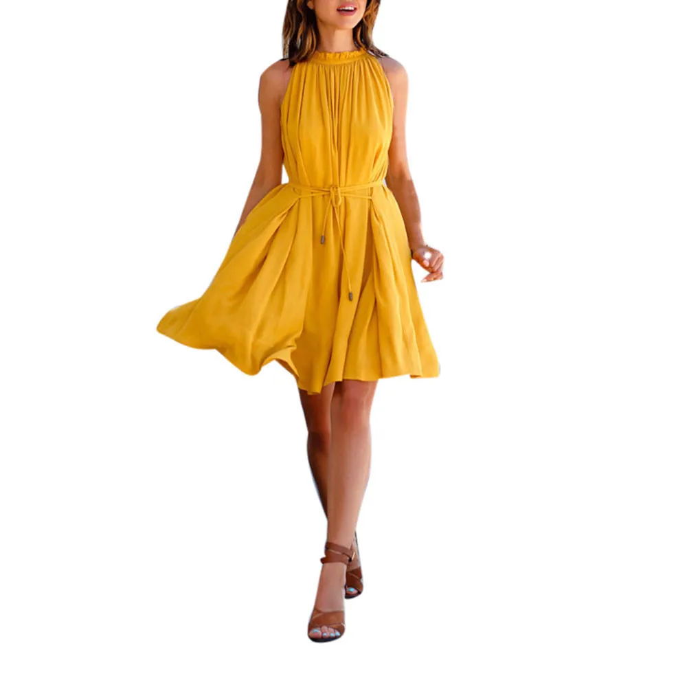 

Women Summer Dress With Sashes Women's Sleeveless Chiffon Loose Sleeveless Beach Party Casual Solid Dress
