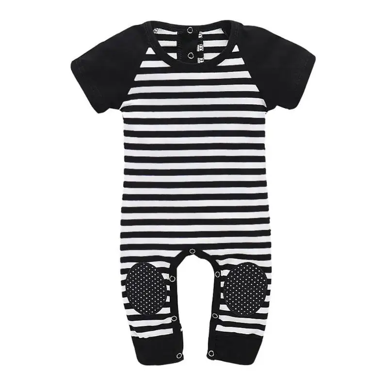 

Baby Boy Cotton Summer Short Sleeve Stripe O-Neck Elastic Patchwork Romper