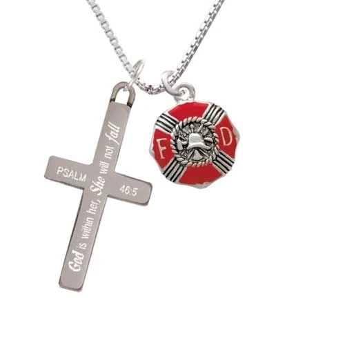 Red Enamel Fire Department Medallion - She will not Fall - Cross Necklace (1)