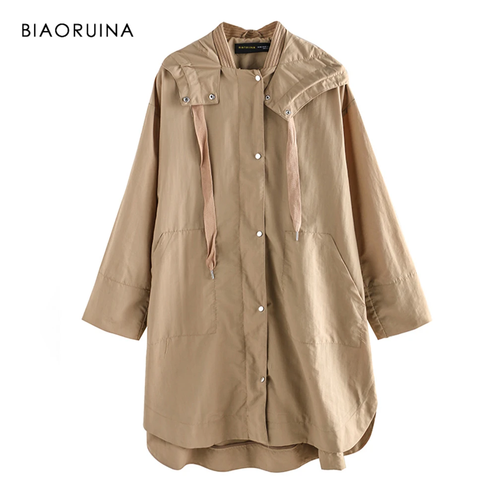 

BIAORUINA Women Khaki Solid Casual Long Hooded Trench Coat Female Fashion Thin Comfortable Coat Women's Loose Straight Trench