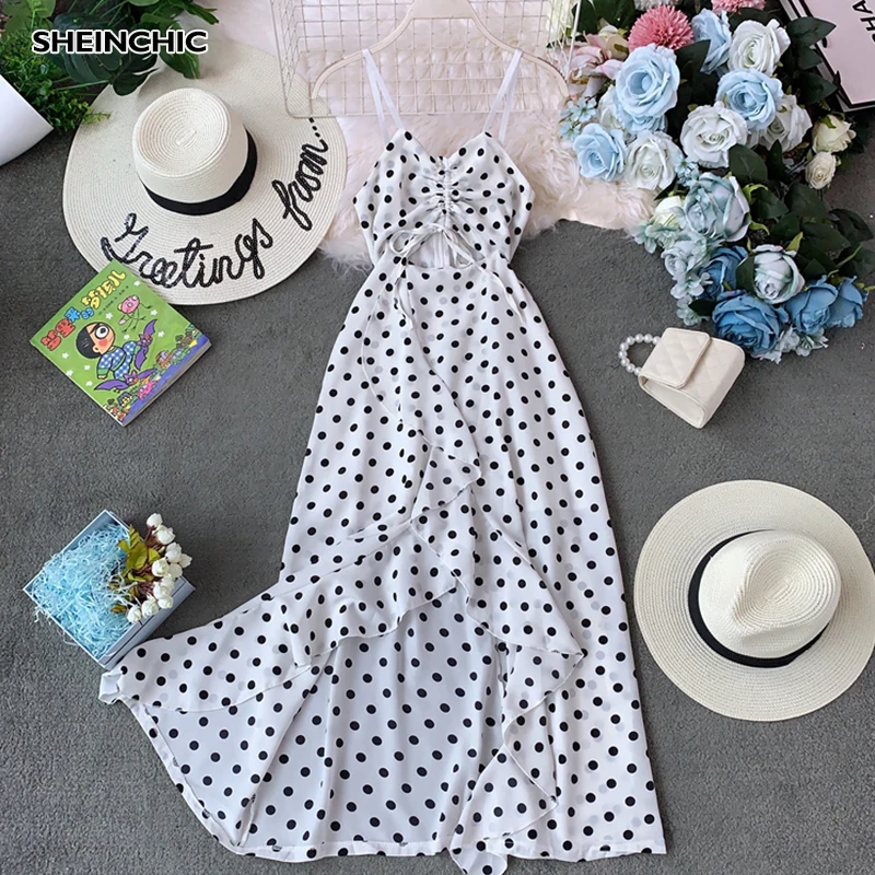 Женское пляжное платье в горошек Boho черное или белое средней длины с