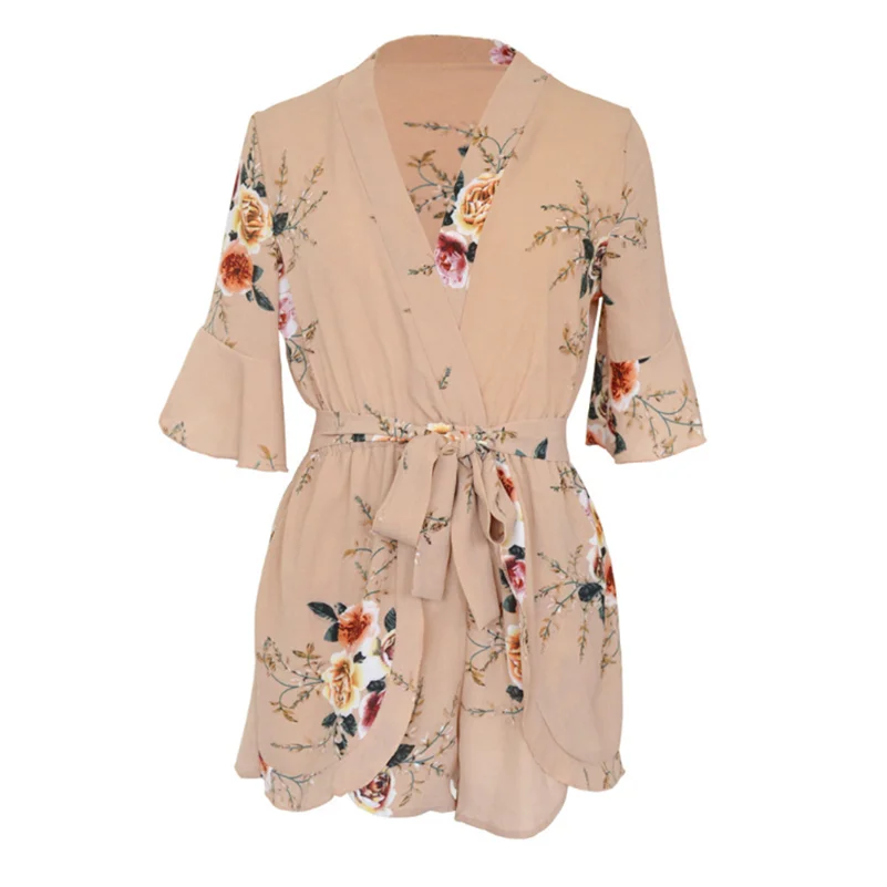 

Summer with Boho Sexy Fashion Jumpsuit Women Print 2019 v neck Playsuits Overalls Bow Bohemian Casual Rompers Shorts Floral