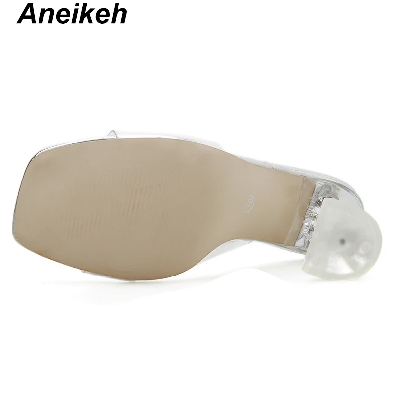 Aneikeh New PVC Transparent Women Slippers Open Toe Thin High Heel Women's Shoes Square Toe Silver Fluorescent Yellow 35-40