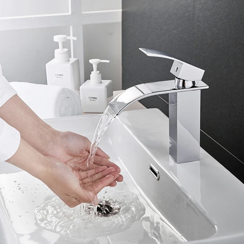 Günstig ROVATE Bad Becken Wasserhahn Wasserfall Deck Montiert Kalt und Warmwasser Mischbatterie Messing Chrom Vanity Schiff Kran