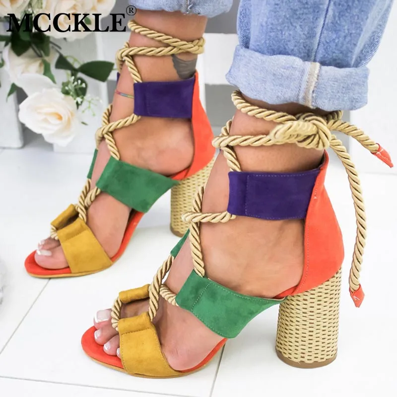 

Summer Women Sandals High Heel Peep Toe Mixed Candy Color Female Hemp Cross Lace Up Ladies Fashion Casual Shoes Plus Size 35-43