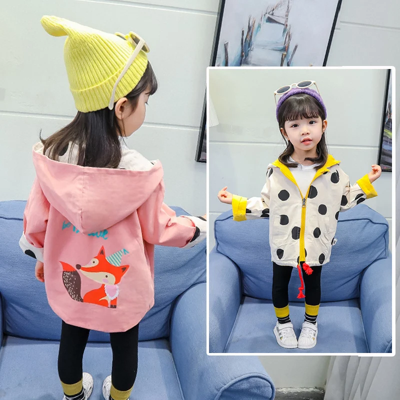 

INS hot Baby Girls trench 2-7 year old cotton hooded belt print polka dot cartoon fox spring and autumn fashion reversible coat
