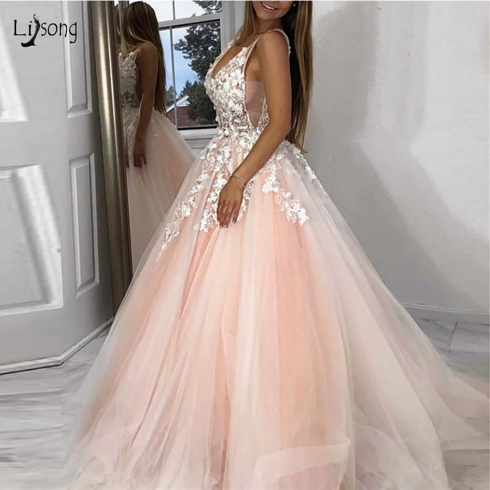 

Abendkleider Pretty 3D Flower Tulle Evening Dresses Illusion Lace A-line Beaded Prom Gowns Sexy Backless Deep V-neck Gowns 2019