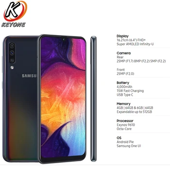 Перейти на Алиэкспресс и купить Абсолютно Новый Samsung Galaxy A50 A505F-DS LTE мобильный телефон 6,4 дюйма 4/6 ГБ ОЗУ 128 Гб ПЗУ Exynos 9610 Восьмиядерный Android 9,0 Dual SIM телефон