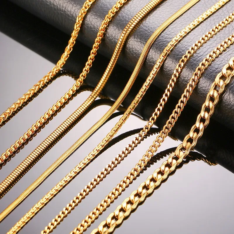 

Gold Color Women Men Chain Necklaces Stainless Steel Curb Flat Snake Link Chains 24" Width 3mm 4mm 6mm