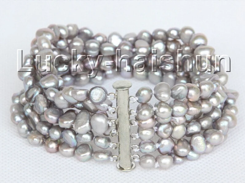 

8" 8mm 6row Baroque gray freshwater pearls bracelet magnet clasp j11077 @^Noble style Natural Fine jewe SHIPPING new >>free ship
