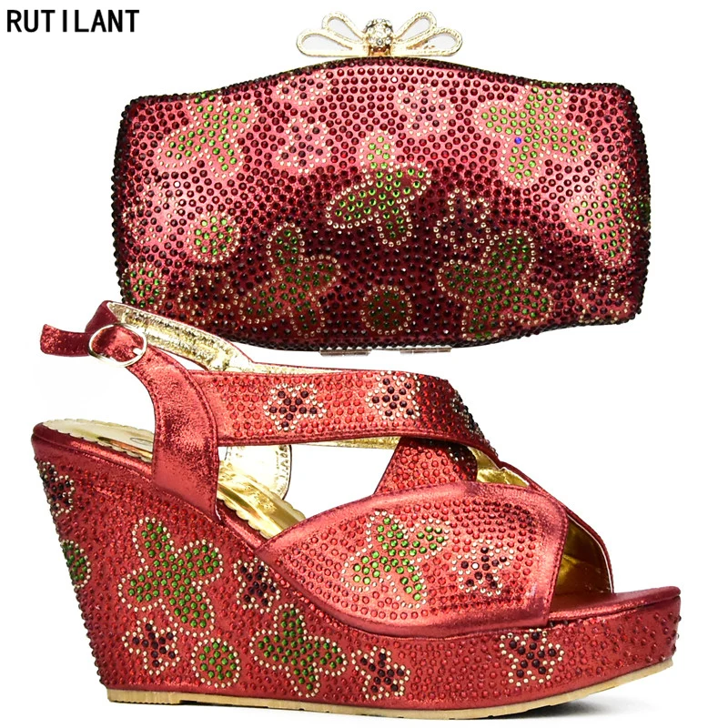 

New Arrival Red Color Matching Italian Shoe and Bag Set Decorated with Rhinestone Shoe and Bag Set New 2017 Italian Shoes Bag