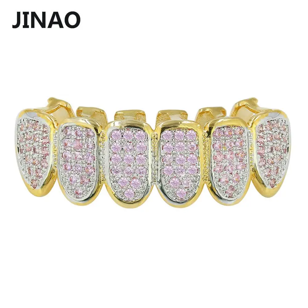 JINAO хип хоп золотые зубы Grilllz все Iced Out Micro Pave розовый CZ камни женская верхняя и нижняя грили набор - Окраска металла: pink bottom