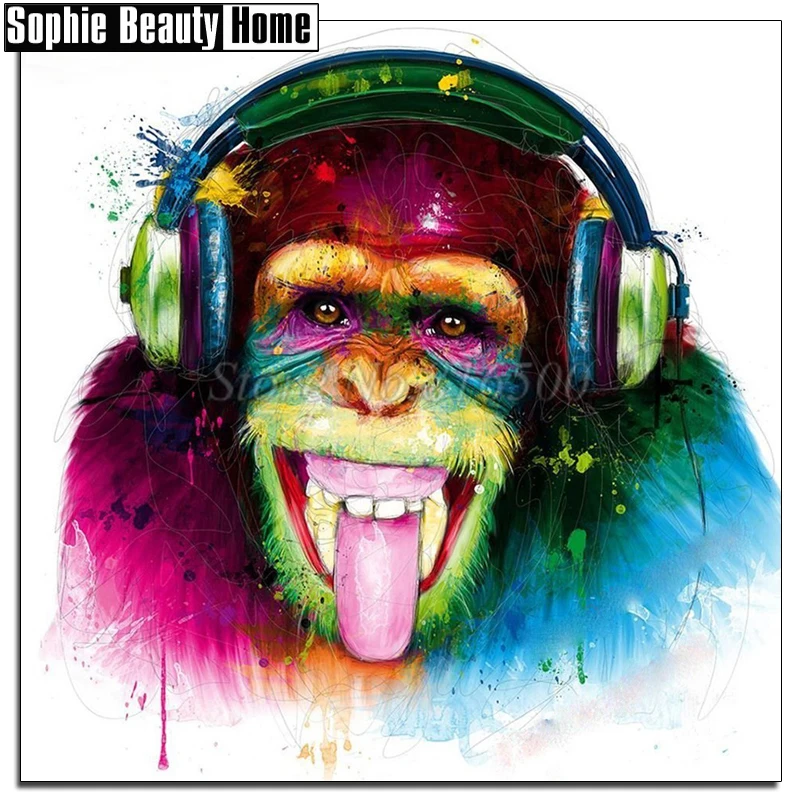 

DIY 5D Diamond Painting Cross Stitch Animal Orangutan with Headset Needlework Full Diamond Mosaic Diamond Embroidery Sale 188311