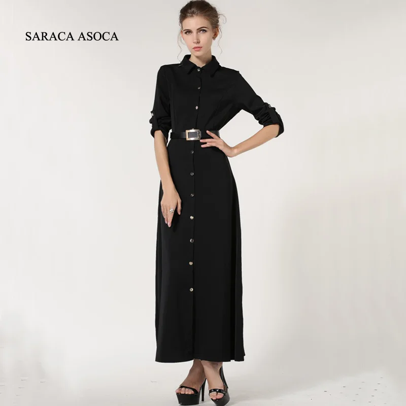 New Style Slim Floor Length Button Long Dress Women Spring Autumn Long Sleeve Fashion Brief Black