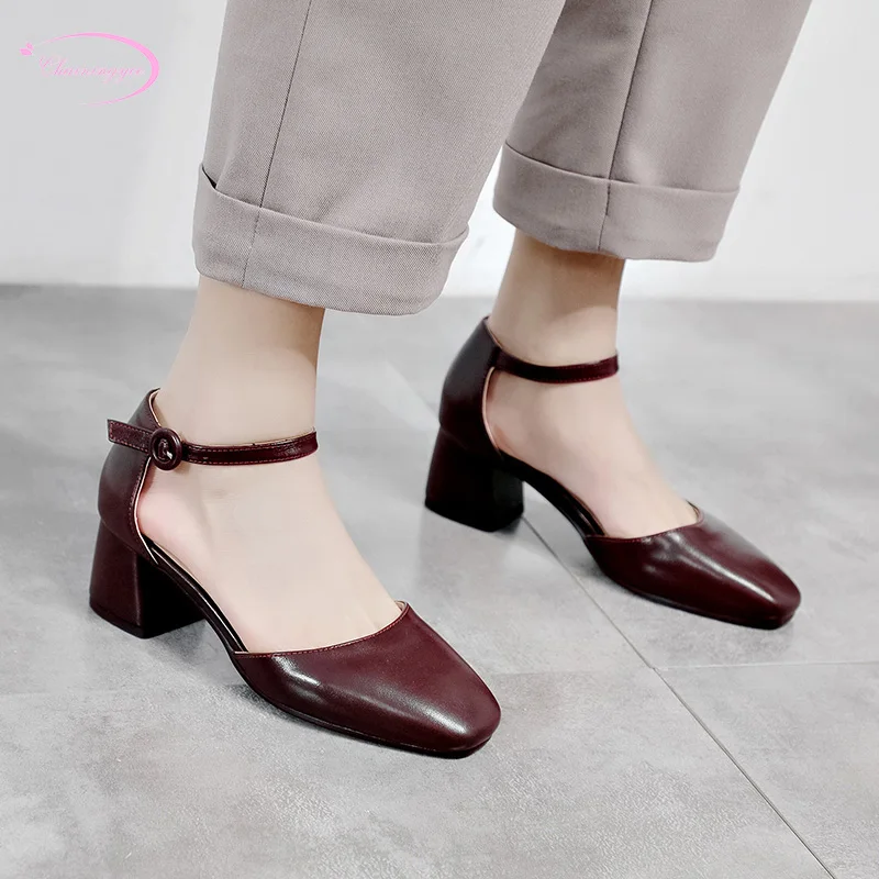 

Chinese party style square toe summer cool sandals fashion belt buckle black beige red grey thick medium heel women's shoes