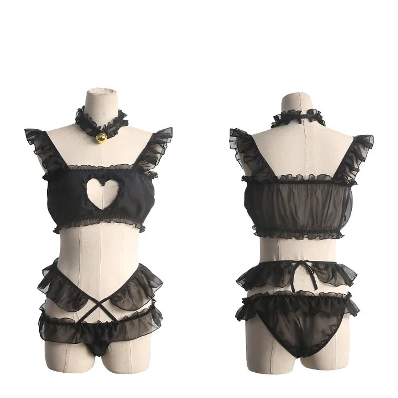 

Sexy Heart Hollow Out Women Ruffles Lingerie Set Lolita Bra Intimates Anime Cosplay Costume Transparent Underwear+Bell Neck