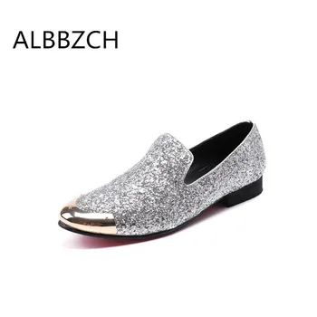 

New mens Gold silver sequined design casual shoes men loafers fashion pointe toe slip on business leisure party shoes big yards