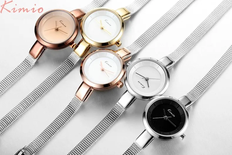 Новинка, горячая Kimio, женские часы из нержавеющей стали, с тонкой сеткой, кварцевые наручные часы с браслетом, женские часы под платье с подарочной коробкой