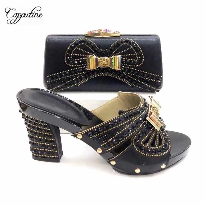 

Charming black Italian pattern high heel sandal shoes and purse bag set with stones AS711, heel height 10cm