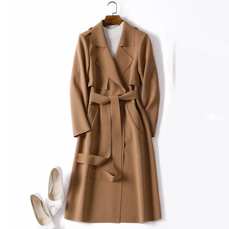 

Adjustable waist sashes trench coat women turn down collar slim thin outerwear 2019 autumn winter