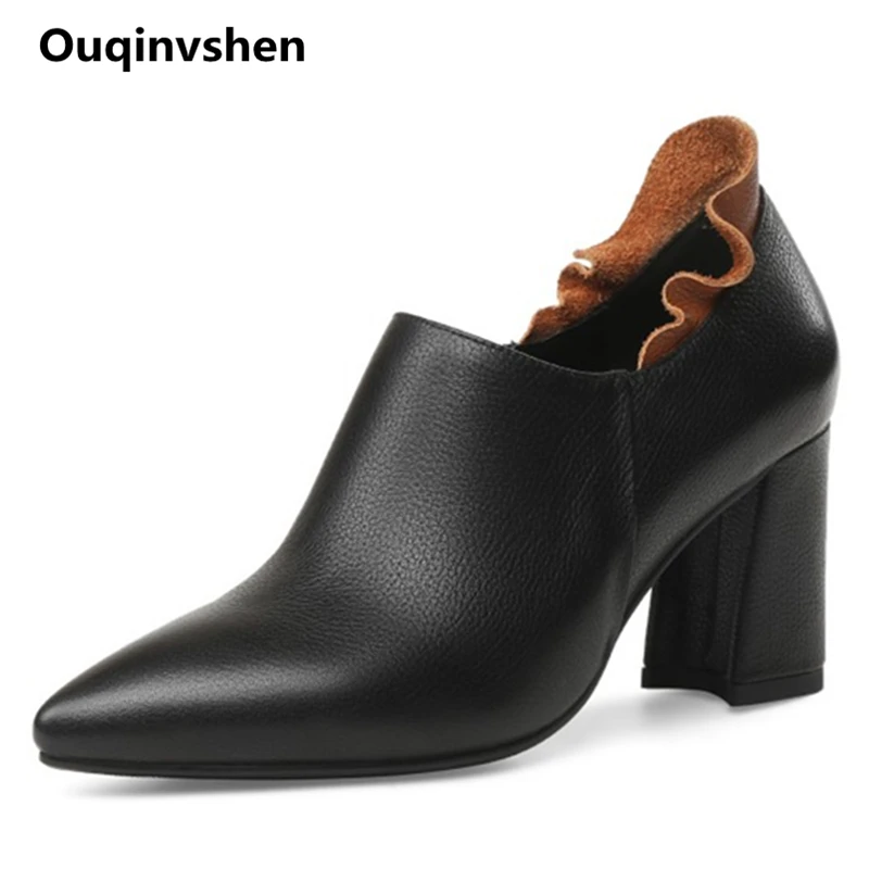 

Ouqinvshen Ruffles Pointed Toe Woman Shoes 2018 Spring Concise Mixed Colors Square Heels Woman Pumps Fashion Zipper High Heels