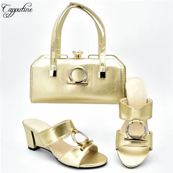 

Latest gold slip-on African sandal shoes and bag set for party 333-6, heel height 7.5cm