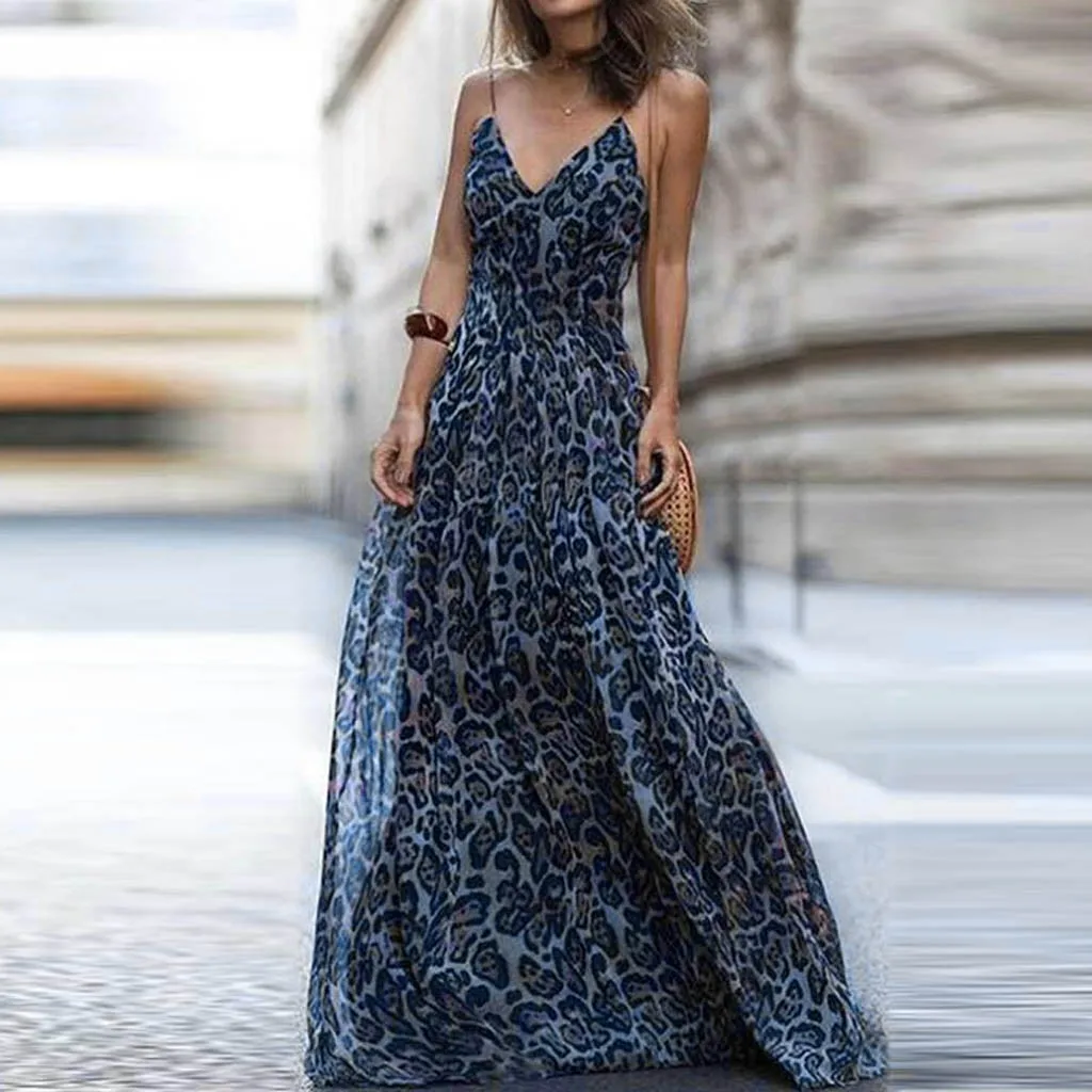 Весеннее женское длинное платье, сексуальное леопардовое платье с высокой талией, женское платье в пол, v-образный вырез, вечерние платья на бретелях, длинное платье - Цвет: Blue
