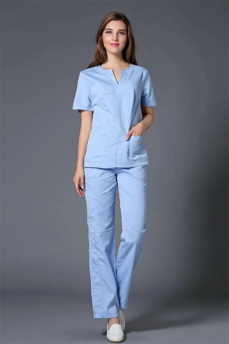 Высококачественные медицинские наборы для скраба, доктора и медсестры, больничная форма, модный дизайн, облегающие, для салона красоты, рабочая одежда, костюмы - Цвет: light blue