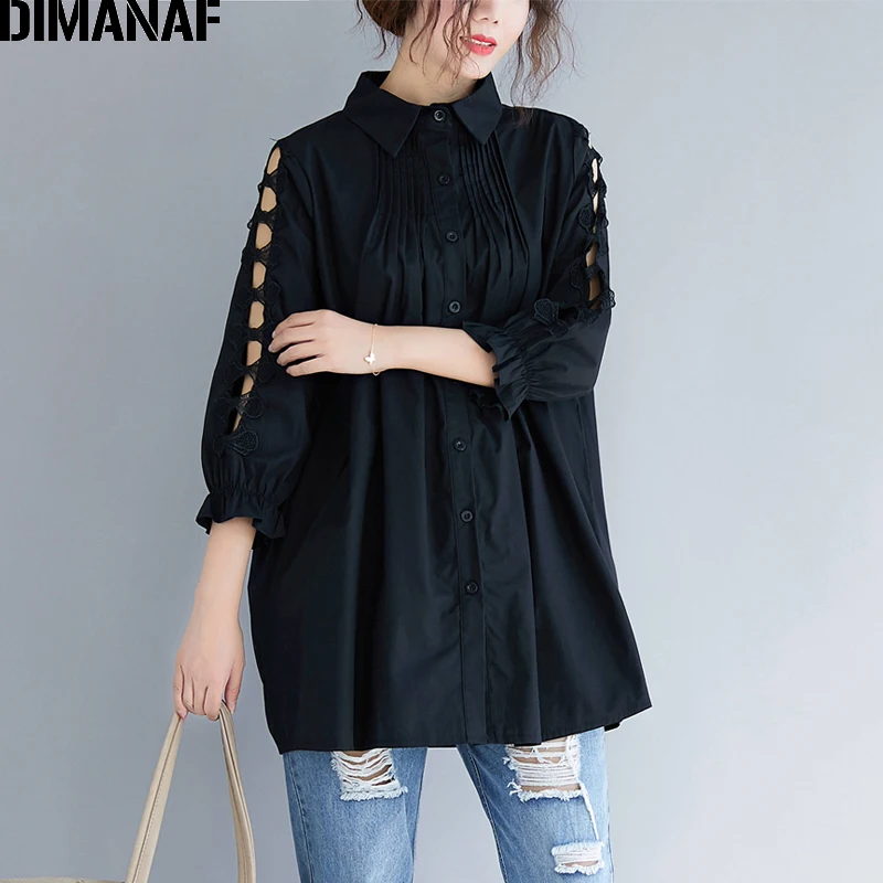 

DIMANAF Plus Size Women Blouse Shirts Sexy Office Ladies Tops Hollow Out Lace Long Sleeve Female Elegant Loose Clothing Black