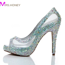 Printemps Été Nouvelle Arrivée Femmes Haute Talons Strass Glitter AB Couleur Cristal Chaussures De Mariée Peep Toe Maille Dentelle Chaussures De Mariage