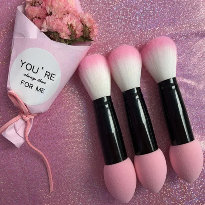 

1pc Professional blusher brush Nylon with Sponge Make up Brushes Two Head Metal Cosmetic Tools with Sponge drop shipping