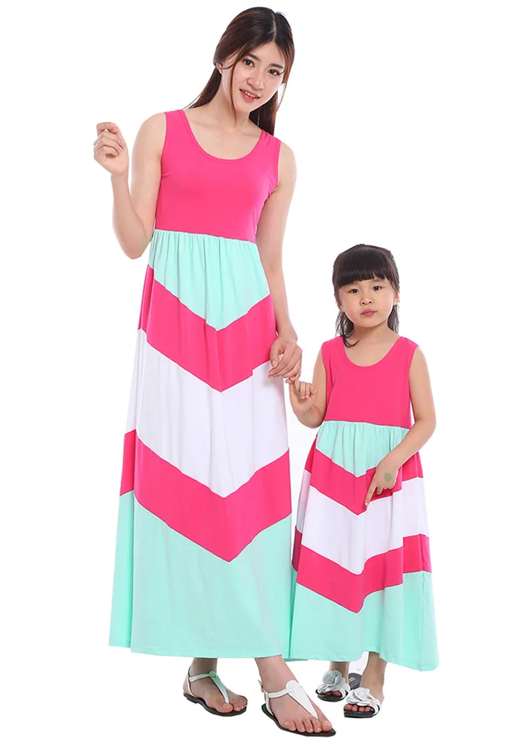 Одинаковые платья для семьи «Мама и я»; платья для мамы и дочки; Полосатое платье для мамы и дочки; одежда для родителей и детей - Цвет: Hot Pink