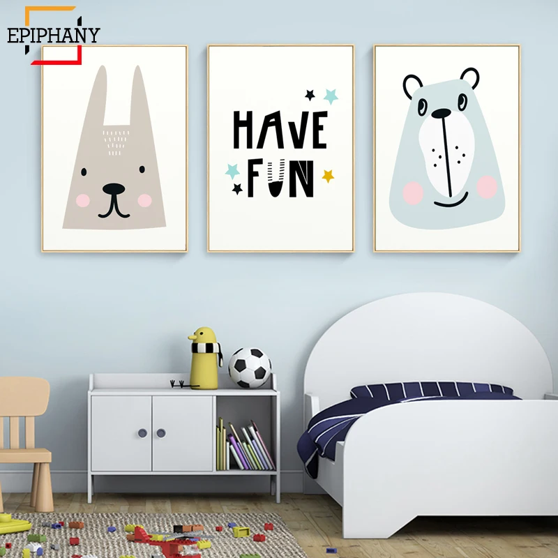 

Cute Cartoon Animal Nursery Prints Kids Blue Wall Art Bear Rabbit Canvas Painting Anime Poster Nordic Picture for Kids Bedroom