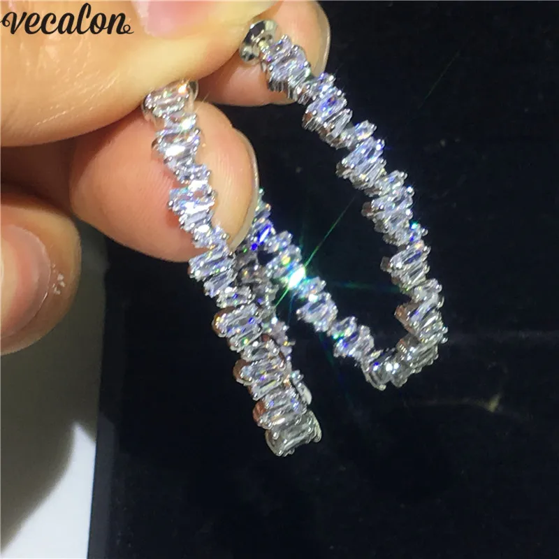 

Vecalon Handmade Circle Dangle earrings T shape AAAAA Zircon Cz White Gold Filled Party wedding Drop Earrings for women Bridal