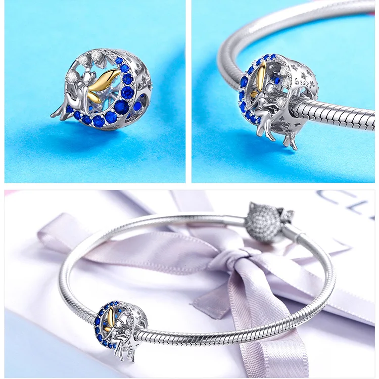 MOWIMO уникального дизайна с лунным светом, бело-серые бусы 925 пробы серебро синий CZ, подходят к оригиналу Pandora, браслет, ювелирные изделия с бриллиантами делая BNC070