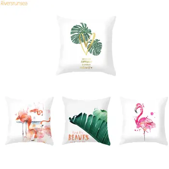 

Nordic Latest Print Pink Flamingo Cover Decorative Green Leaf Flower Sofa Pillow Pillowcase Tropical Cushion Case