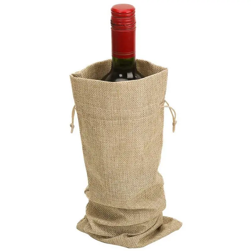 Pack of 10 Linen Wine Bottle Covers with Drawstring 13.8 inch x 5.9 inch jute wine bag Holder Carrier for gifting and decorating