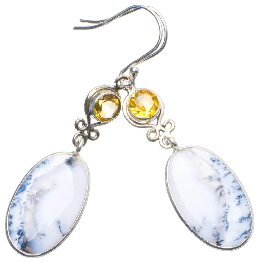 

Natural Dendritic Opal and Citrine Handmade Unique 925 Sterling Silver Earrings 2.25" X4921